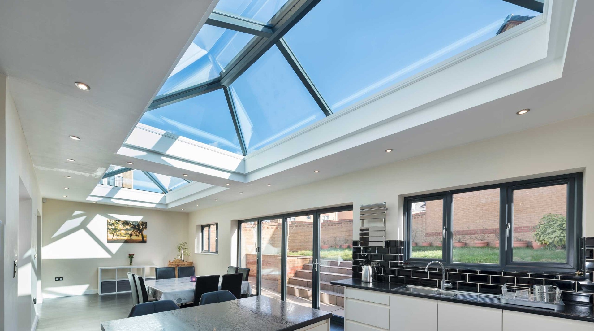 Aluminium roof lantern over an open-plan kitchen diner