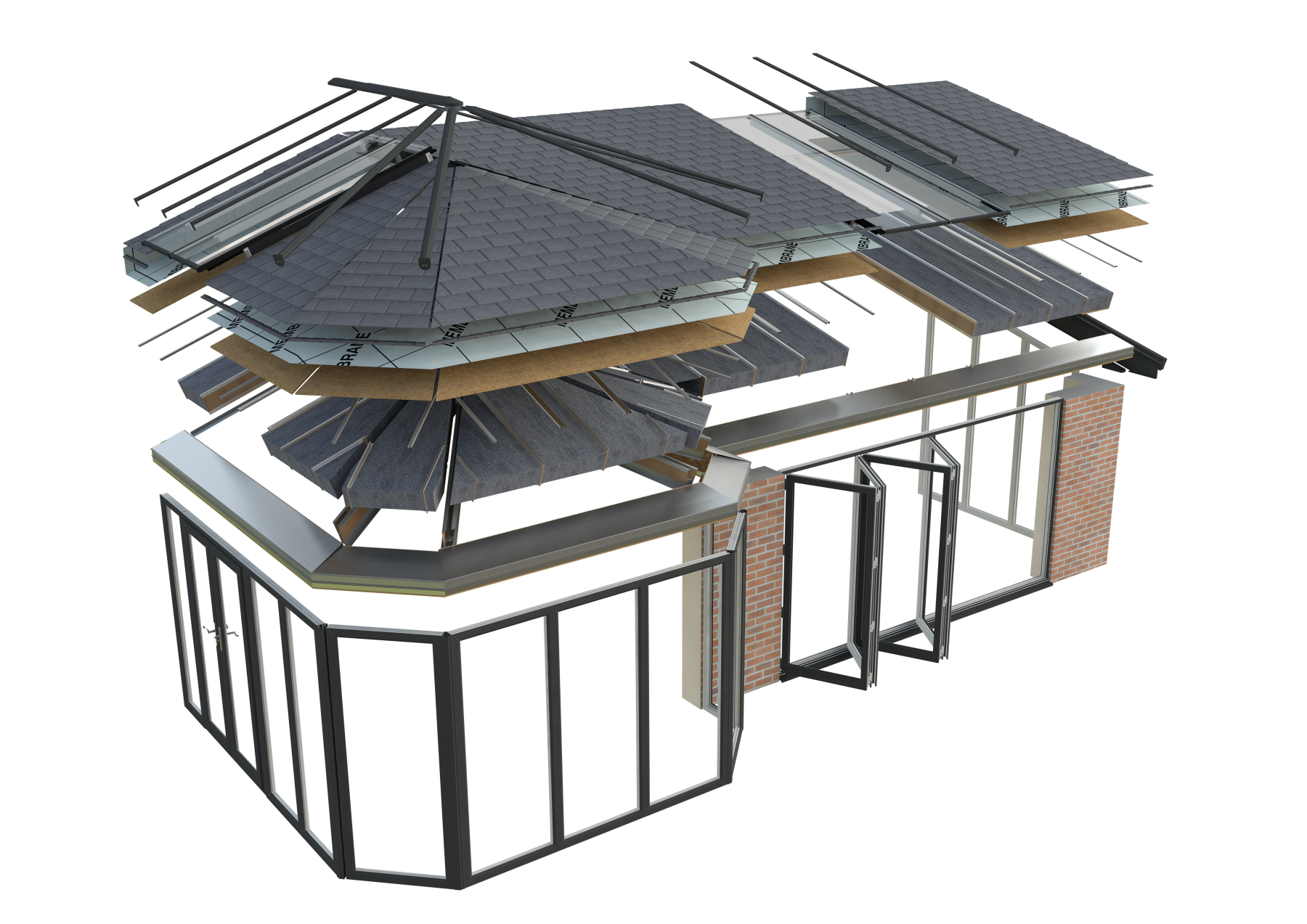 Exploded diagram of a warm roof system showing insulation, membrane and tile layers