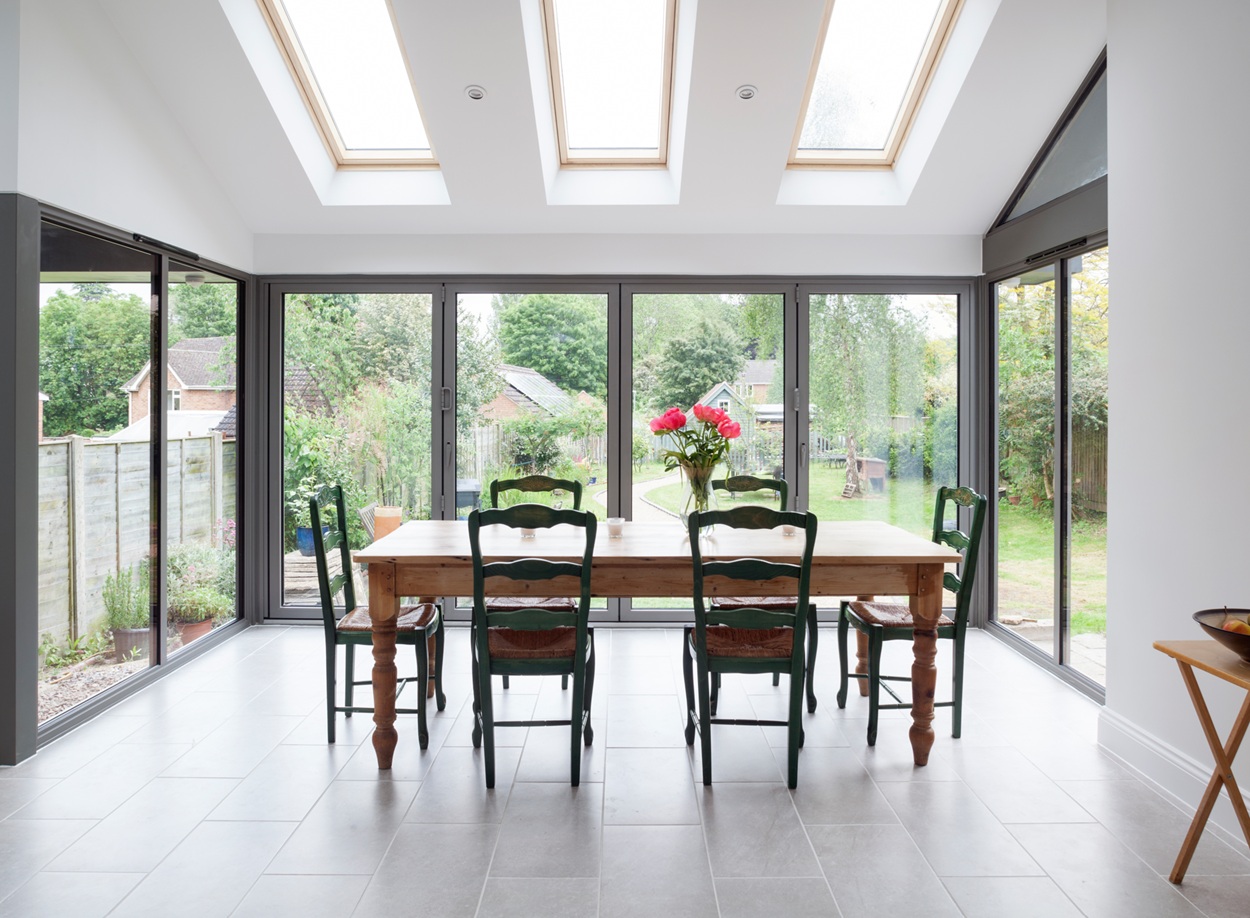 Bright open-plan interior with aluminium framing