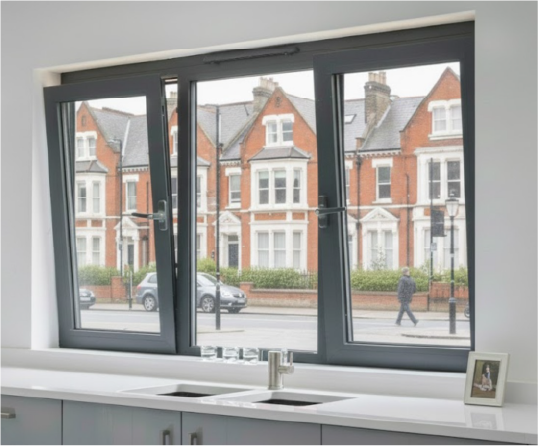 Slim anthracite aluminium windows overlooking a street