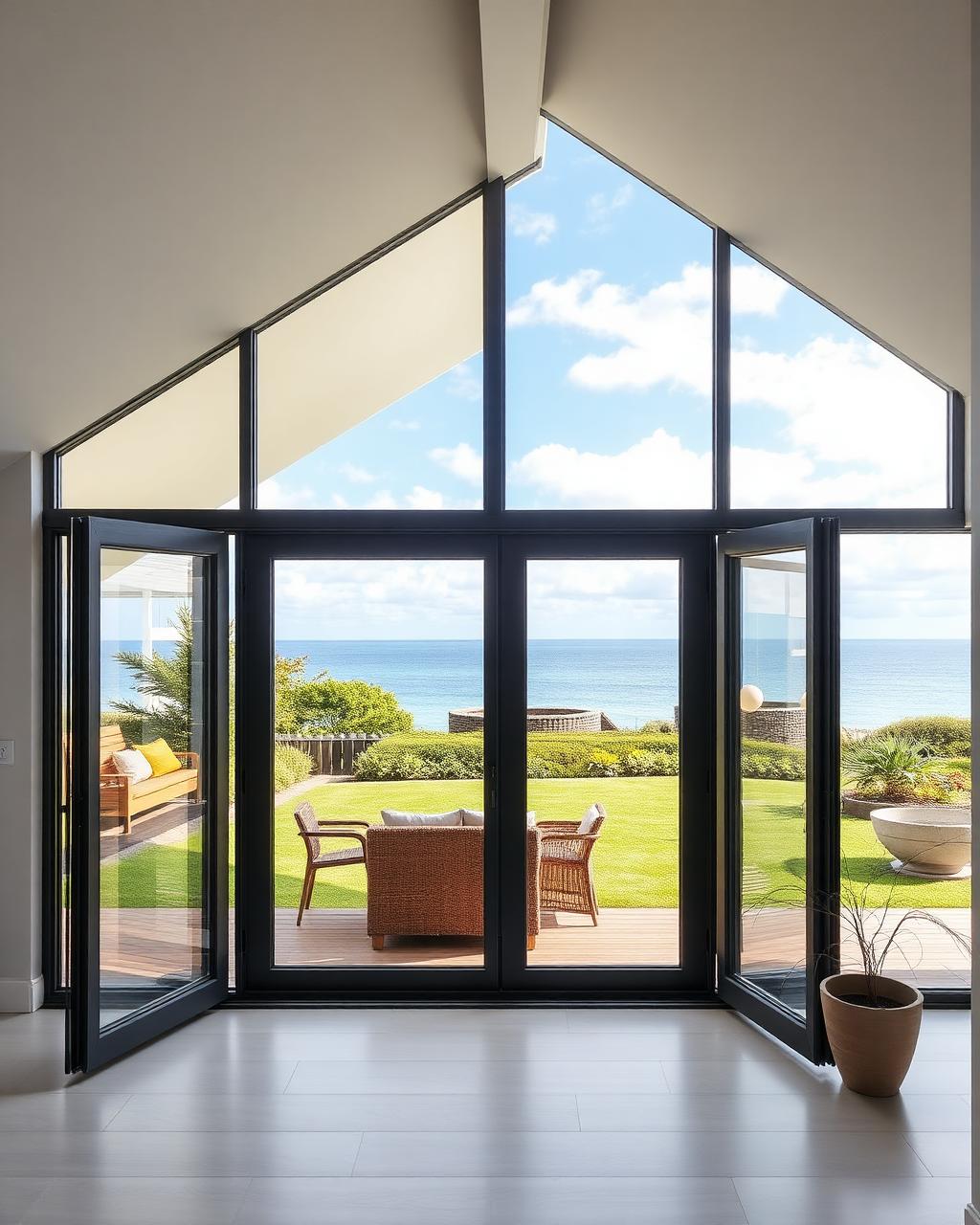 Aluminium bi-fold doors opening to a coastal garden