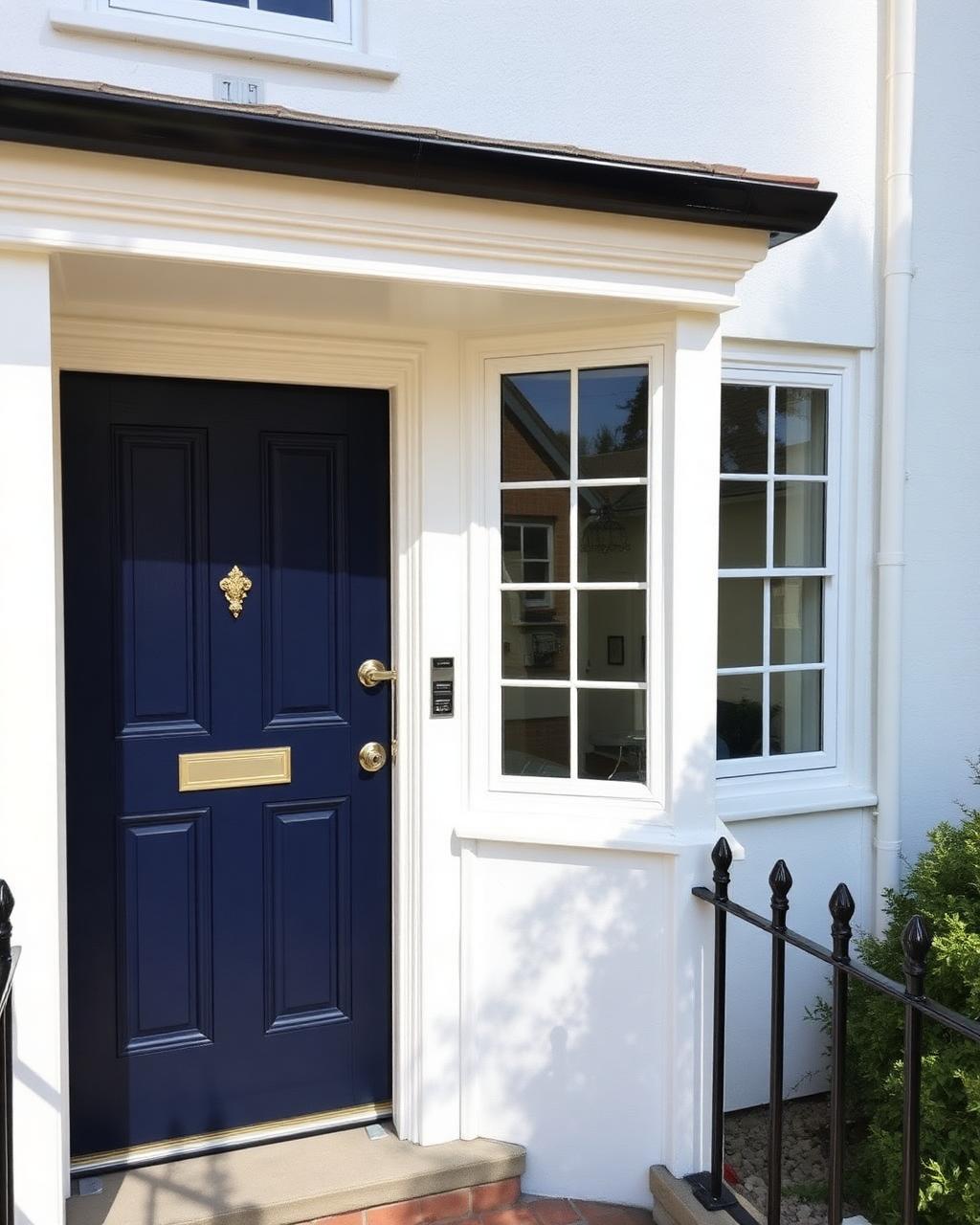 Navy blue composite front door with brass furniture